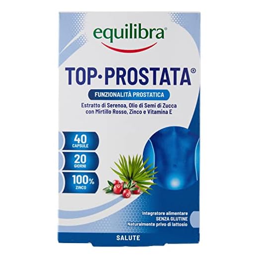 equilibra Integratori Alimentari, Top Prostata, Integratore per la Funzionalità della Prostata, con Serenoa Repens, Olio di Semi di Zucca e Mirtillo Rosso con Zinco e Vitamina E, 40 Capsule