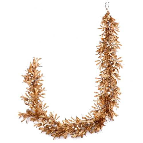 Dingion Gold Leaf Garland 6ft with Pearl Berry, Christmas Decor