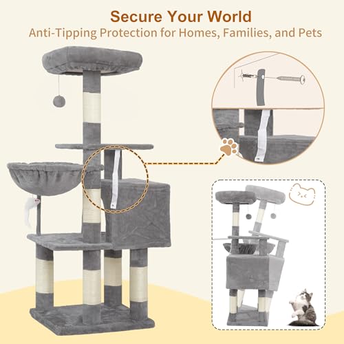 Image of Heybly Cat Tree with Toy, 43.3 inch Cat Tower for Indoor Cats HCT004SW | Cat Condo with Durable Sisal Scratching Posts, Cat House with Padded Plush Perch, Cozy Hammock, Light Gray