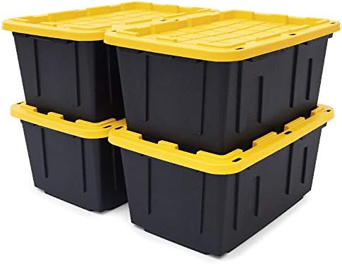 CX BLACK & YELLOW 27-Gallon Tough Storage Containers with Secure Snap Lid, Stackable, Extremely Durable, Nestable, 4 Pack
