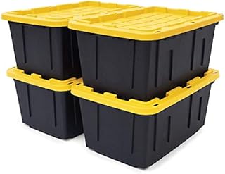 Original Black & Yellow 27-Gallon Tough Storage Containers with Lids, Extremely Durable ®, Stackable, (4 Pack)