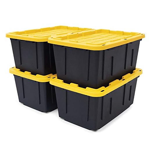 CX BLACK & YELLOW 27-Gallon Tough Storage Containers with Secure Snap Lid, Stackable, Extremely Durable, Nestable, 4 Pack