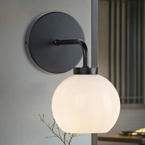 Image of Modern Glass Globe Single Sconce, Matte Black Metal Finish Wall Light for Bedroom, Hand-Polished Milky Glass Shade Vanity Light Beside Mirror, Elegant Light Fixtures for Indoor