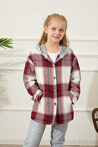 Image of Girls Cute Flannel Plaid Button Down Top with Pockets Long Sleeve Hooded Jacket