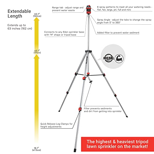 Eden Pro The Heaviest Weight Tripod (5.37 Lbs) Metal Telescoping Tripod Adjustable 6-Pattern Mobile Rotary Gear Drive Garden Sprinkler For Yard W/Premium Quick Connect Starter Set #TOP3