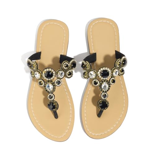 Bling Flip Flops for Women Fashion Sparkly Flat Sandals for Women Jewel Rhinestone Sandals Summer Wedding Beach Casual Vacation Black Szie 8