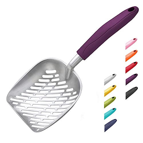 WePet Cat Litter Scoop, Aluminum Alloy Sifter, Kitty Metal Scooper, Deep Shovel with Diagonal Sifting Hole, Long Handle, Kitten Poop Lifter for Litter Box, Medium Size, Violet Handle