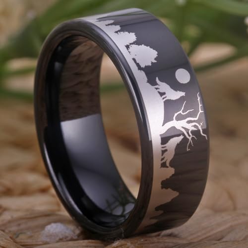 8MM Width Black Pipe Howling Wolves Ring Forest Landscap Ring Hunter Wolf Ring Tungsten Ring - Free Engraving Inside3