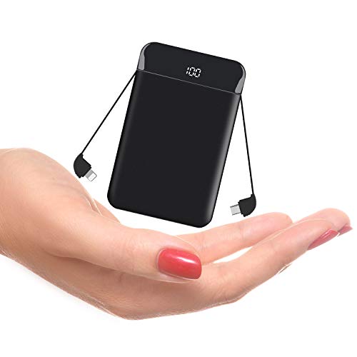 YPLANG Portable Charger Built in Two Cables Mini Power Bank Outdoors 9000mAh Ultra Slim High- Speed Charging External Battery Charger 3 Output & Dual Input with LCD Display for Android, iPhone, iPad(2.0) , Black (DS01)