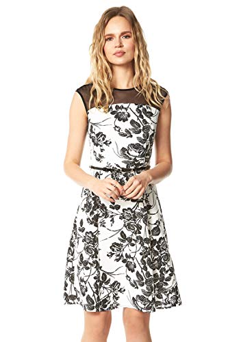 Roman Originals Women Mesh Yoke Floral Fit and Flare Dress - Ladies Spring Summer Short Cap Sleeve Round Neck Knee Length Ascot Race Day Special Occasion Wedding Guest Dresses - Ivory - Size 14