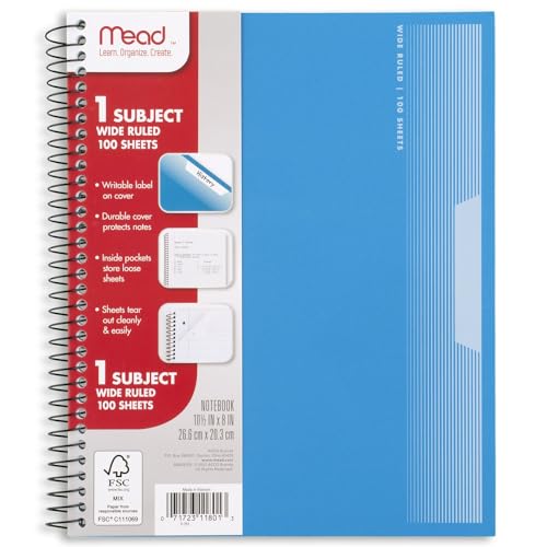 Mead Cadernos espirais, pacote com 5, 1 tema, papel pautado largo, 20,32 cm x 26,7 cm, 100 folhas, p