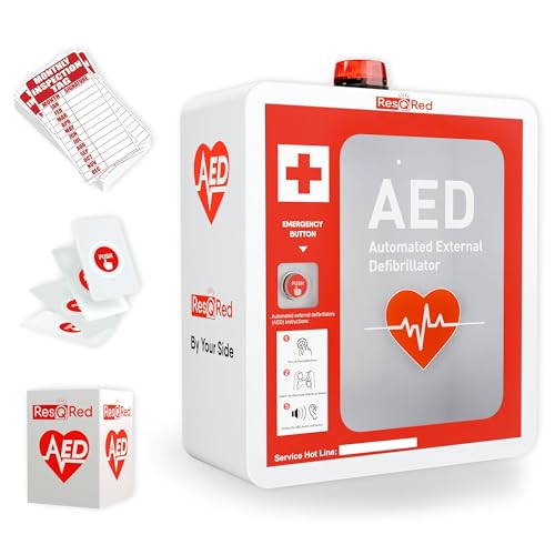 ResQRed AED - Armario desfibrilador montado en la pared con señal de proyección AED de metal, armario de almacenamiento de acero con puerta de acceso rápido, sistema de alarma, se adapta a todas las