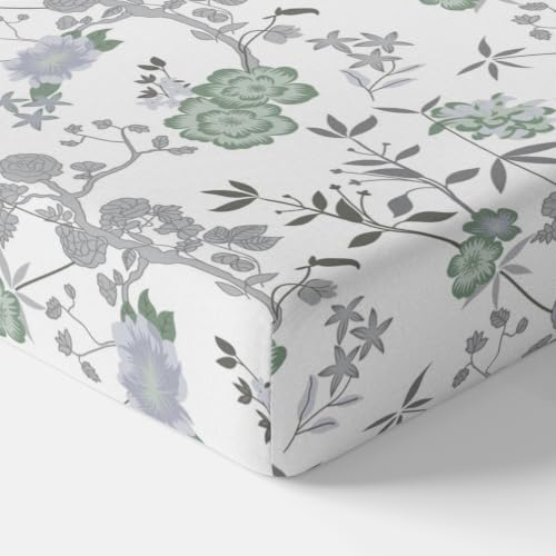Image of LORETO - A QUALITY LINEN BRAND 144 TC 100% Pure Cotton Single Fitted Bedsheet with 1 Pillow Cover for 72 x 36 Inch Mattress, All-Around Elastic, 8 Inch Deep Pocket, Sage Green Floral Harmony