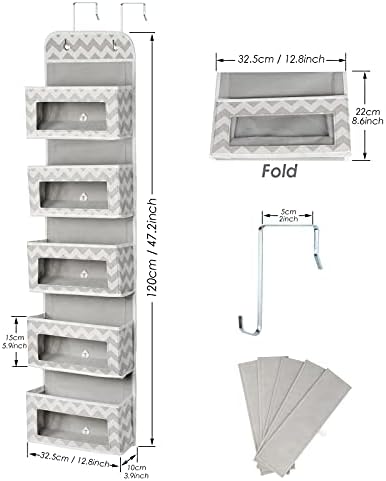 Over Door Hanging Storage 5 Clear Window Pockets, Unisex Foldable Door Hanger Organizer with 2 Hooks, Wall Storage for Pantry Baby Bedroom Nursery Decor Closet Organizers Toys, Wallets, Keys, Grey