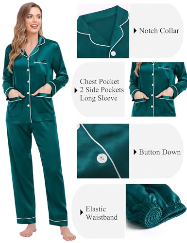 SWOMOG Couples Matching Pajamas Set Women & Men Satin Long Sleeve Sleepwear Soft Button Down Pj Set Silk Loungewear Women Green Large4