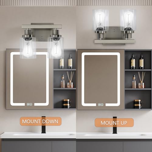 Image of Bathroom Vanity Light, 2-Light Nickel Modern Matte Wall Sconce Lighting with Clear Glass Shade, Wall Lights,Bath Vintage Wall Mounted Lamps for Mirror Bedroom Living Room