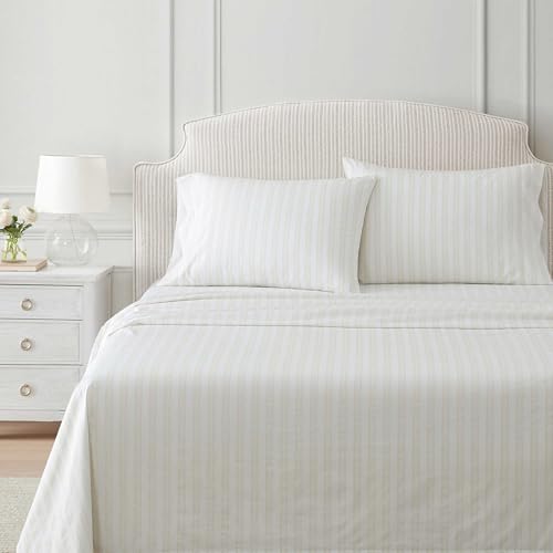 Image of Martha Stewart - Full Size Sheets Set, Crisp & Tailored Cooling Sheets with a Smooth Cotton Percale Lightweight Feel - Bed Sheets with Matching Pillowcases & Fitted Sheet (Francesca Stripe Beige)