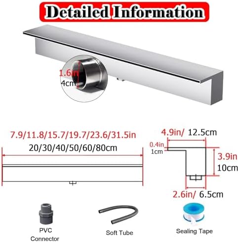 Stainless Steel 15.7in Outdoor Waterfall Spillway Kit - Black/Silver, Easy Installation Accessories for Backyard Pond Fountain, Durable Pond Water Feature