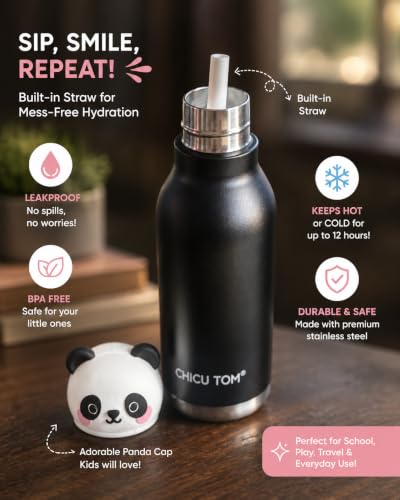 Image of 480ml Stainless Steel Sipper Water Bottle with Straw | Leakproof Animal Sipper Bottle | Reusable Drinking Bottle for School, Travel & Daily Use (Panda)