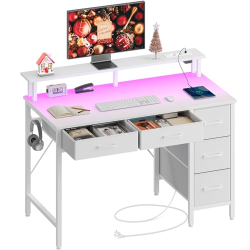 Rolanstar Schreibtisch mit 5 Schubladen, Computertisch mit Steckdosen, Gaming Tisch mit LED-Beleuchtung, Monitorständer, für Homeoffice, Schlafzimmer, Wohnzimmer, Büro (Weß, 100cm)