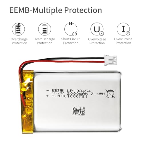 EEMB 3.7V Lithium Polymer Battery 2000mAh 103454 Lipo Rechargeable Battery Pack with Wire JST Connector for Speaker and Wireless Device- Confirm Device & Connector Polarity Before Purchase