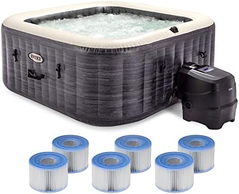 Intex 28449EP PureSpa Plus Greystone Inflatable Square Hot Tub, 83 x 28 & 29001E PureSpa Type S1 Easy Set Spa Filter Replacement Cartridges (6 Pack)
