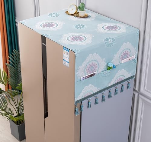 Image of Fridge Top Cover by Motira - Double Door & French Door Protector, Floral Embroidery with 6 Pockets 65 x 170 CM (Blue)