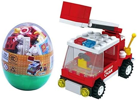 Easter eggs filled with Building Brick blocks toys. 6 eggs each have different shape bricks and instructions to build an Airplane, police car, fire truck, helicopter, race car & construction car