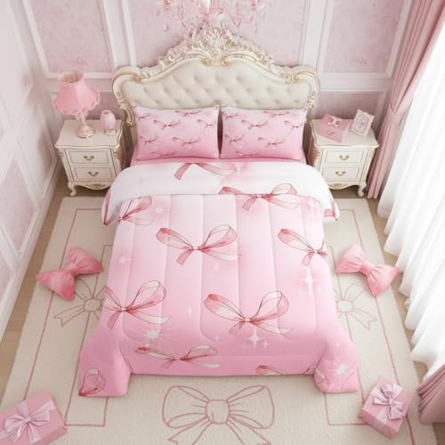 Manfei Pink Bowknots Comforter Set Full Size,Glitter Starry Bow Dreamy Bedding Set for Child Young,Princess Fairy Tale Theme Bow-tie Girly Down Comforter,Pink Duvet Insert,3 Pcs 2 Pillowcases