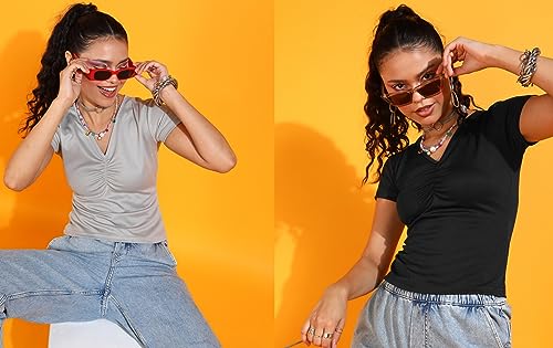 Image of POPWINGS Casual Solid V-Neck Short Sleeves Summer Wear Tops Combo for Women