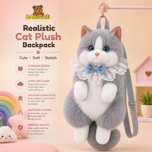 Image of Babique Realistic Cat Plush Backpack with Meow Sound, Cute Fluffy Kitty Soft Toy Shoulder Bag for Girls, Women & Kids, Kawaii Animal Plush Backpack for Travel, School, Daily Use & Birthday Gift, Gray