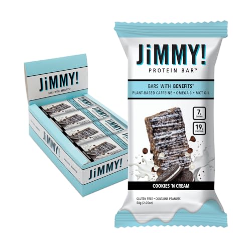 JiMMYBAR! - Cookies N Cream Protein Bars 19g Protein Bar - 7g Low Sugar - 12 Count - 58g Health Bars - Functional Snack with Real Food Ingredients - Hand-Drizzled Chocolate - Made With Real Peanuts