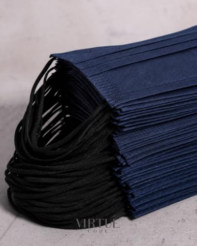 Image of VIRTUE CODE Navy Blue Support Face Masks - Soft 3 Ply Comfort Colorful Disposable Face Mask 50 Pack. Adults Mens and Womens Disposable