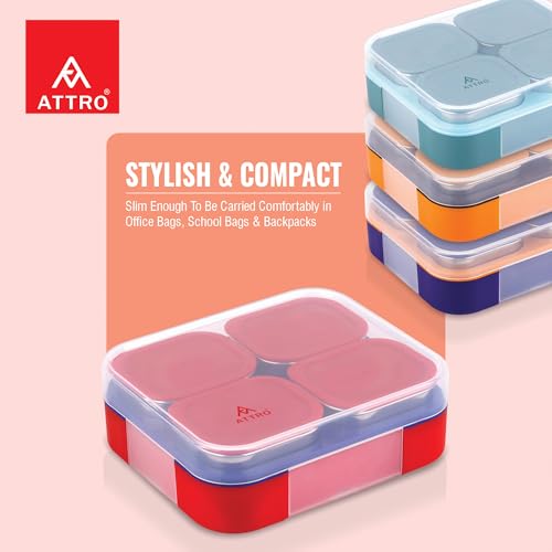Image of ATTRO Admire-4 Insulated Lunch Box | 4 Removable Stainless Steel Containers with Lids | BPA-Free, Food Grade, Leak-Proof| Ideal for School, Office & Outdoor Use| 800ml, Cherry Red