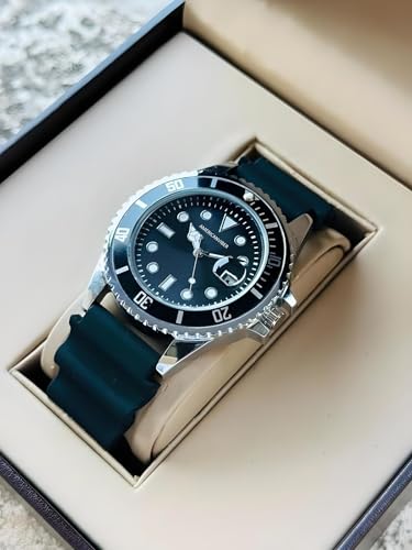 Image of AMERICANVIBER Analog Watch for Men with Black Dial, Round Case, Black Rubber Strap, Rotating Bezel, Date Display and Quartz Movement, Black Silver