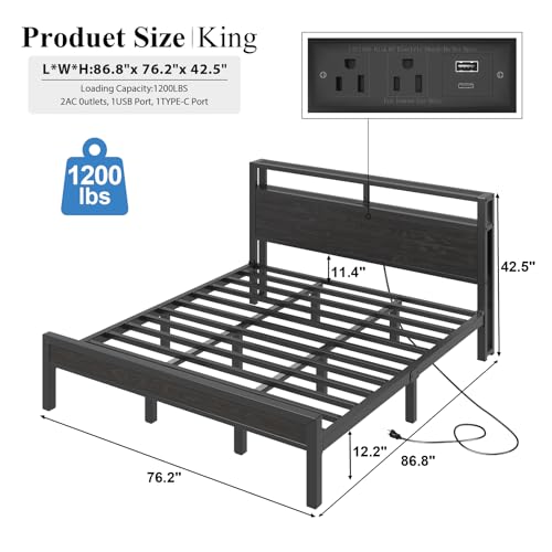 Image of LOEWAY King Size Bed Frame with Storage Headboard, Industrial Platform Bed with Charging Station and LED Lights, Heavy Duty Metal Slats, No Box Spring Need, Noise Free, Black