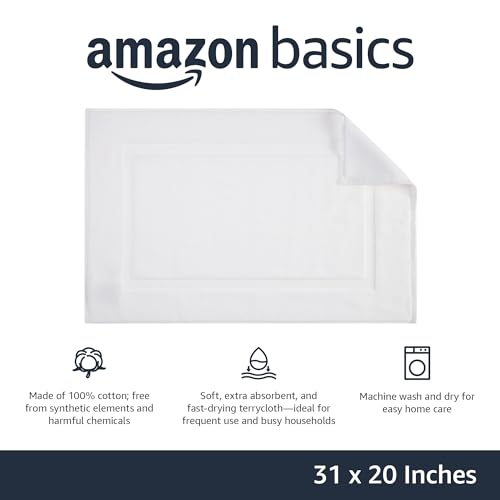 Image of Amazon Basics Non-Slip Cotton Bath Mat, 100% Cotton Absorbent, Machine Washable, 31 inch L x 20 inch W, Bright White (Pack of 2)