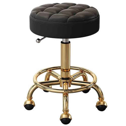 WDSOPK Taburete De Bar De Cuero con Ruedas Y Reposapiés,Giratorio 360°,para Salón De Belleza,SPA,Maquillaje,Tatuajes,Masajes,Elevable,con Base Metálica De 5 Ga(Negro-Talla Única)