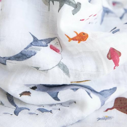 Image of Little Unicorn Muslin Swaddle Blanket for Newborns & Infants | Soft & Breathable Fabric | Set of 3 Baby Blankets for Swaddling, Nursing, Shower Gifts (Shark)