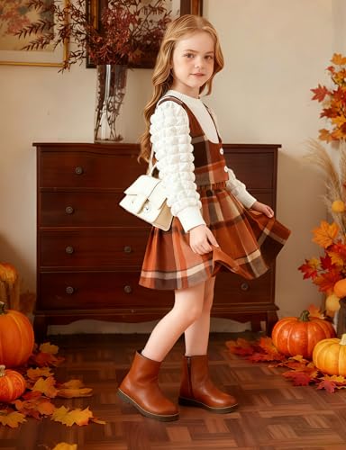 Image of Toddler Girls Christmas Outfits Girls Puff Sleeve Knit Ribbed Tops Button Down Vest Plaid Skirt Set Winter Clothes