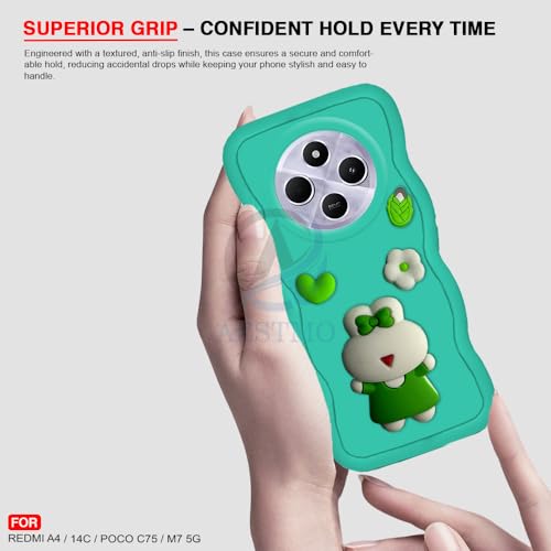 Image of AESTMO Back Case Cover for Redmi A4 / 14C / Poco C75 / M7 5G | 3D Cute Fun Cartoon Characters | Anti Slip Grip Cute Wave Curly Frame Shape | Full Body Protection Back Cover (Mint Green)