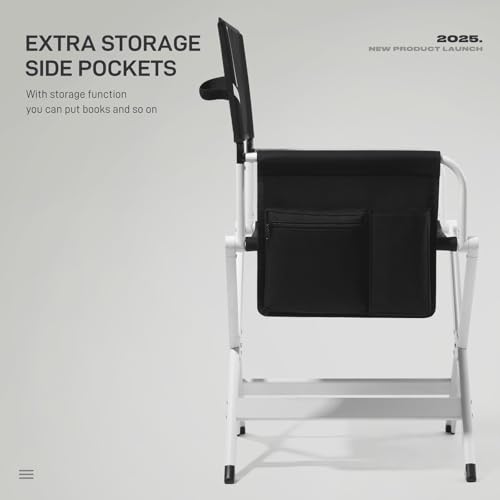 EVER ADVANCED Aluminum Directors Chair, Folding Studio Movie Chairs Camping Event Vendor Chair, 19" Seat Height Black Fabric/White Frame, Support 350lbs by EVER ADVANCED - Used condition - Image 6