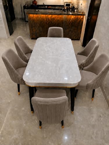 Image of WOODEN SPACE 6-Seater Wooden Dining Table Set | Nano Composite Marble Top | Solid Wood Base | Modern Dining Room Furniture with 6 Chairs (Brown Infinity Backline)
