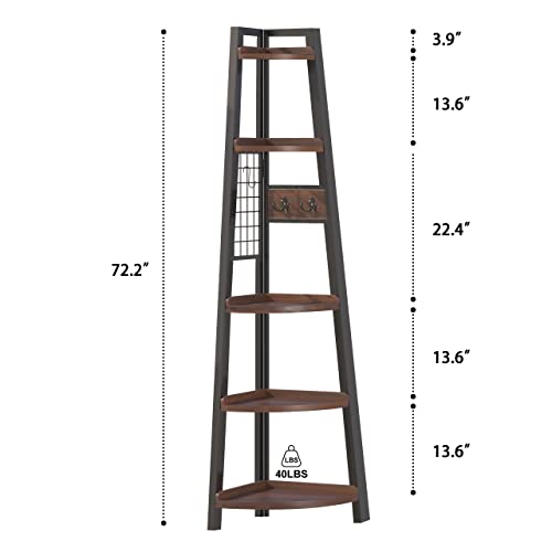 Kingfun 72 Inch Corner Shelf, 5 Tier Tall Corner Bookshelf With Hooks, Wood & Metal Corner Bookcase, Corner Ladder Shelf Decor For Living Room, Bedroom, Bathroom, Kitchen, Home Office (Brown) #TOP6