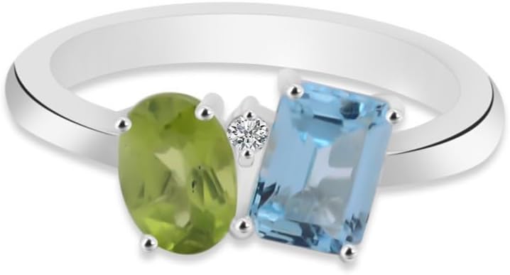925 Sterling Silver Birthstones Peridot, Rhodolite Garnet, White-Blue Topaz, Black Spinel Oval-Octagon & Round Cut 7x5mm & 2mm Gemstones Toi Et Moi Ring Jewelry For Women