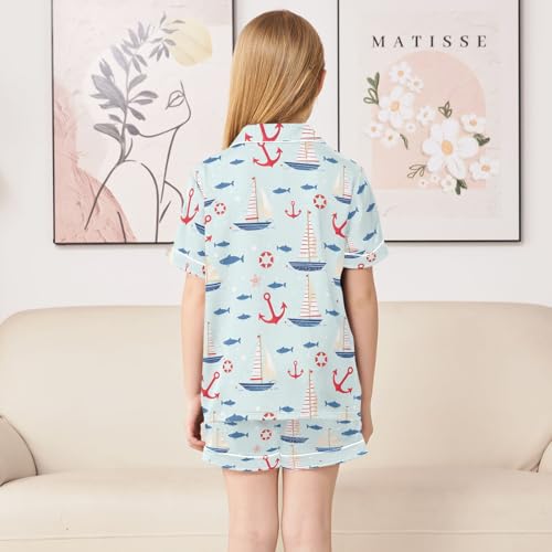 Sailing Boat with Anchor Print Summer Satin Pajama Set, Cute Button-Down Sleepwear Pj Set for Sleep Wears4