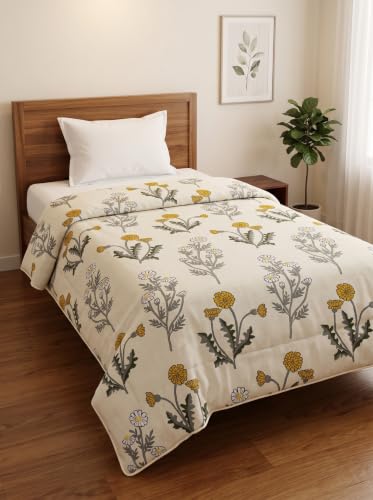 Image of Mafatlal 120 GSM Tulip Single Bed AC Comforter Blanket | Premium Microfiber Reversible All Season Rajai | Ultra Soft Lightweight Quilt Duvet for Daily Home Use | 154 x 228 cm | Ivory