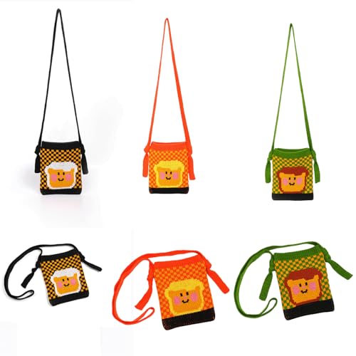 Checkered Crossbody Bag Cute Cartoon Toast Knit Crossbody Bag Checkerboard Mini Shoulder Purse Kawaii Knitted Small Bag Y2k3
