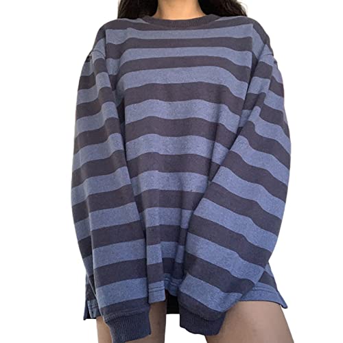 Women Striped Oversized Sweatshirts Casual Crewneck Long Sleeve Pullover...