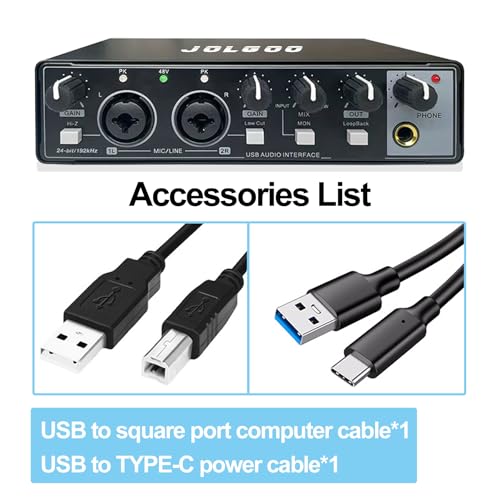 Jolgoo 2x2 USB Audio Interface, 24-Bit/192kHz Phantom Power Recording Card — view 3